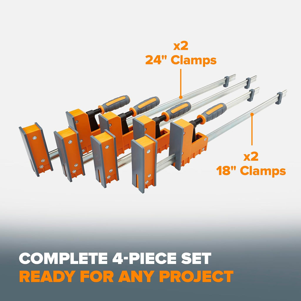 Parallel Clamp Set 4 Pack - 2x 18 in and 2x 24 in | Heavy duty bar clamps for woodworking, 1,100 lb clamping force