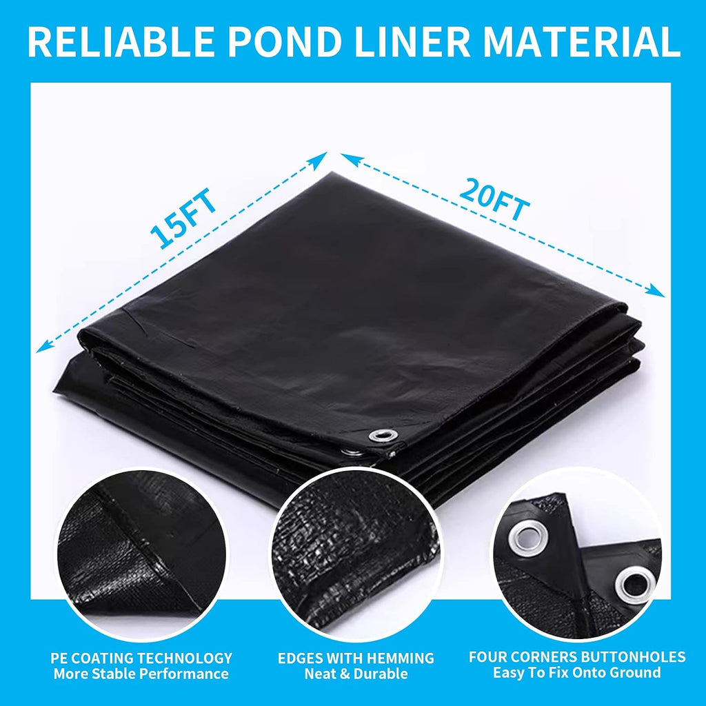 15X20FT Reinforced PE Pond Liner, 28Mil Thickness Pond Liners for Outdoor Ponds, Hemmed Edge with Buttonholes Liners