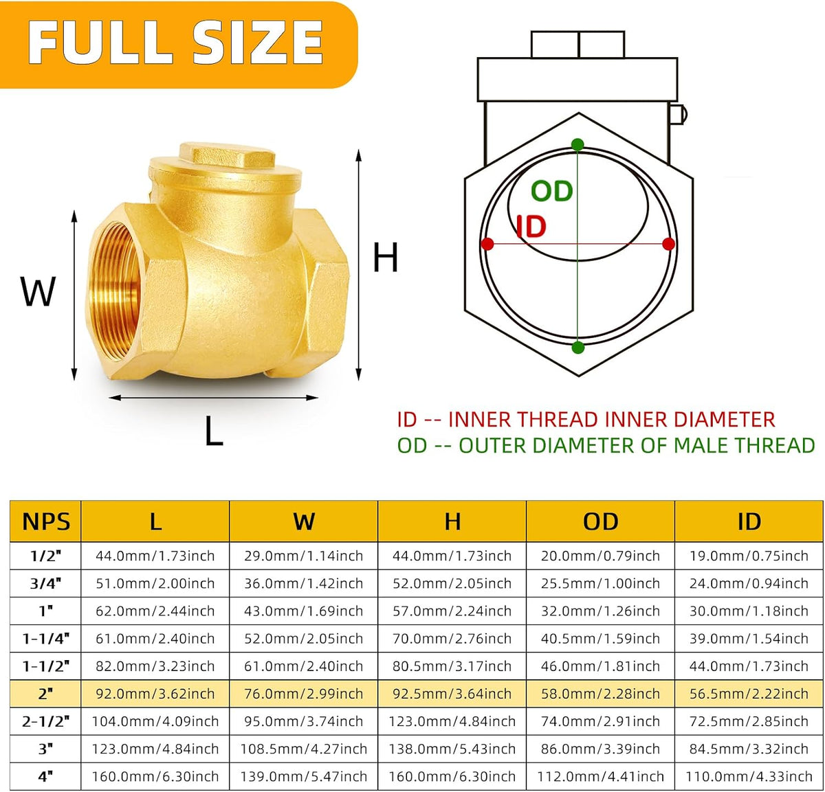2" NPT Horizontal Swing Check Valve, Brass, Heavy-Duty Female Thread, DN50