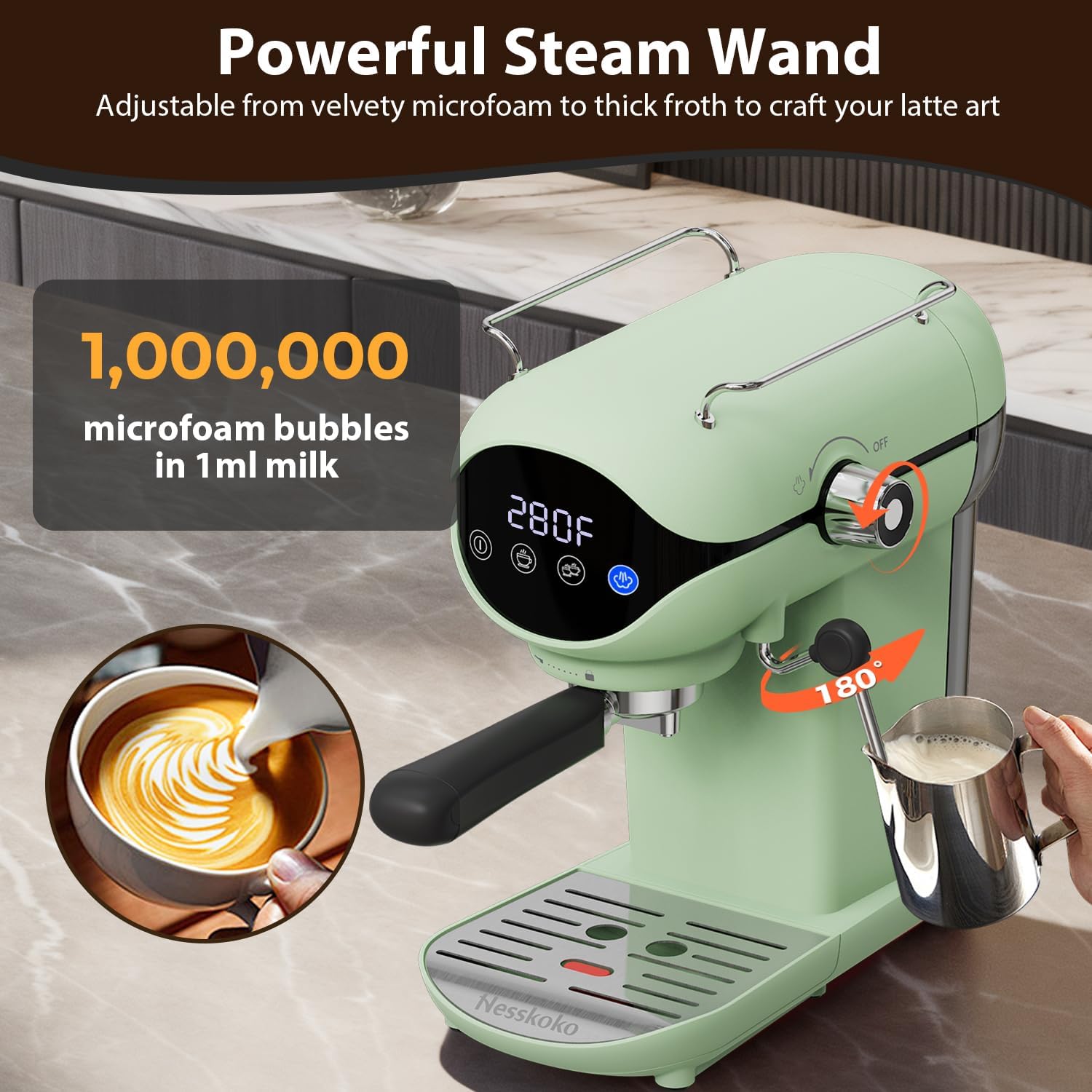 Espresso Machine with Steam Milk Frother Semi Automatic 20 Bar Compact Green with Touch Screen for home Cafetera