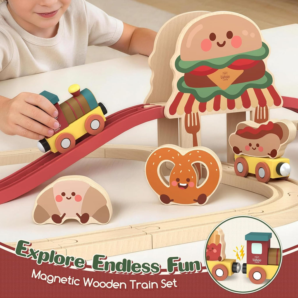 Wooden Train Set for Toddlers, Burger-Themed Train Track Set | Expandable Wooden Railway Playset, Compatible with