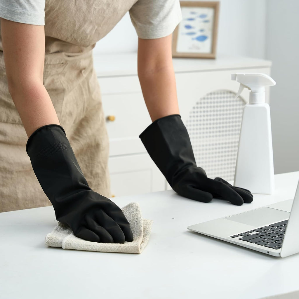 4 Pairs Black Rubber Dishwashing Gloves - Reusable Cleaning Gloves for Kitchen, Household, Anti-Slip, Flexible &