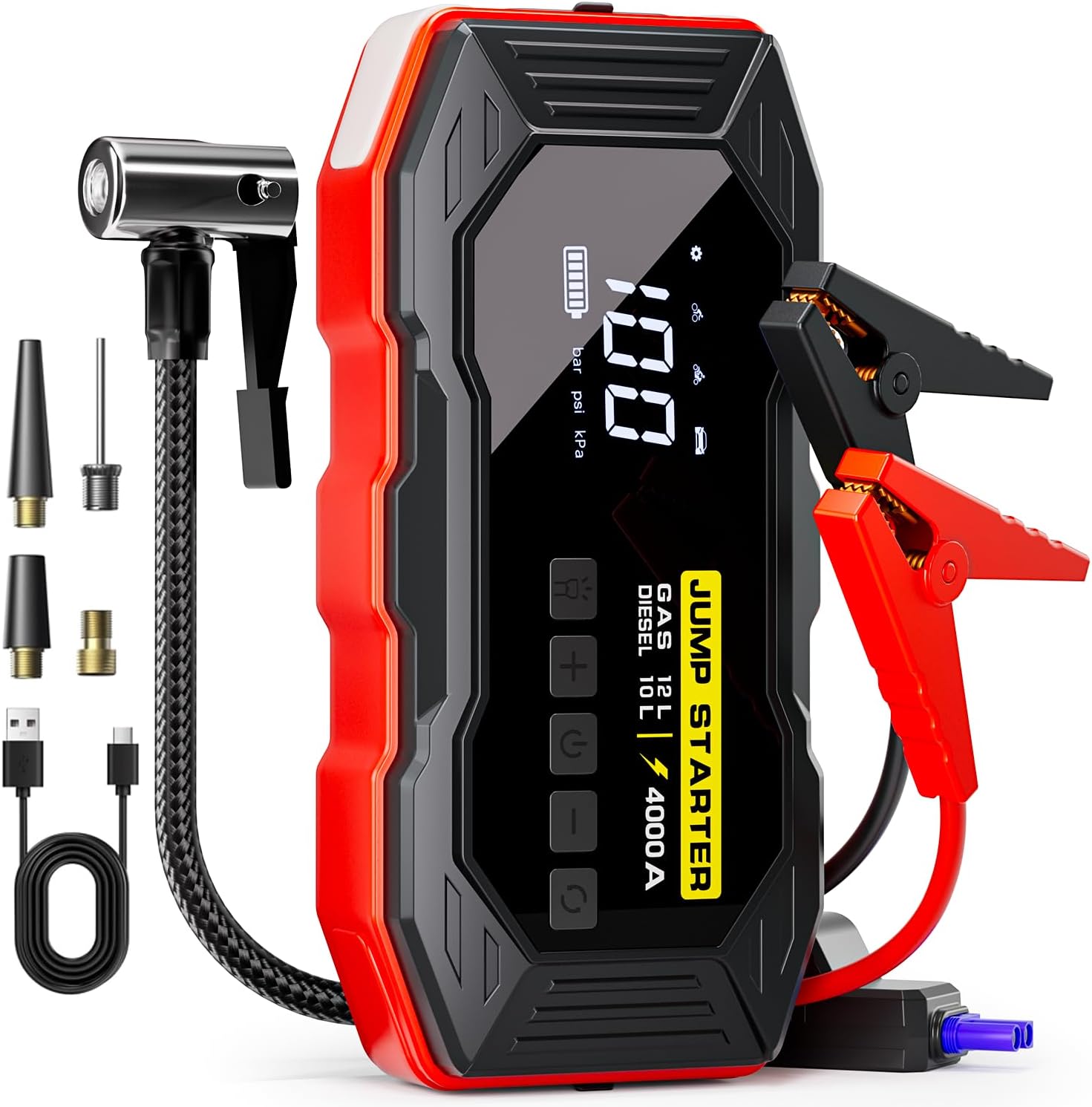 Jump Starter with Air Compressor 4000A Portable Car Battery Jump Starter (All Gas/10L Diesel), 160PSI Auto-Shutoff