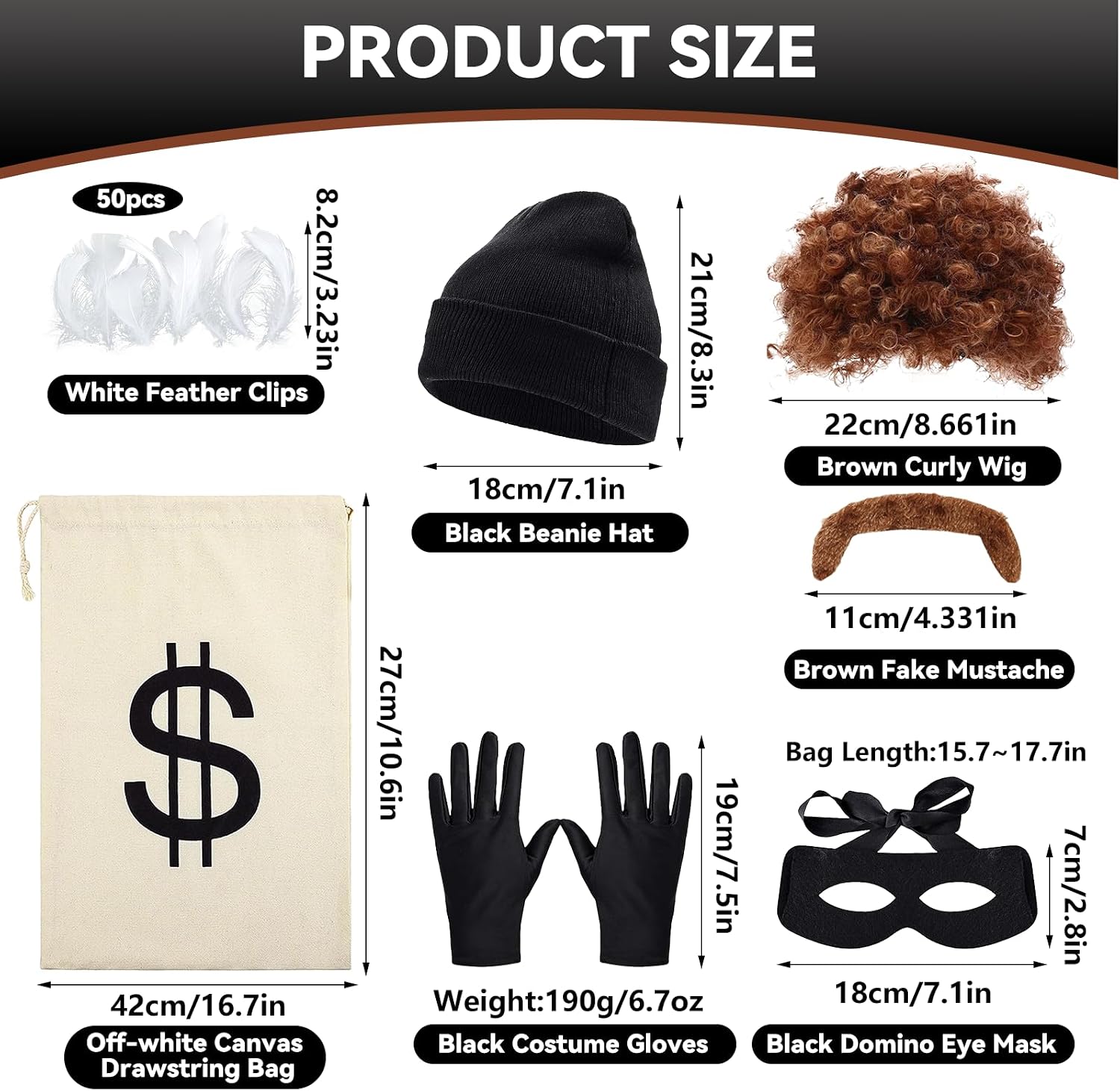 Robber Costume Accessory Halloween 7Pcs Bank Thief Money Bag Hat Wig | Money Bag, Bat Eye Mask, Beanie Hat, Gloves