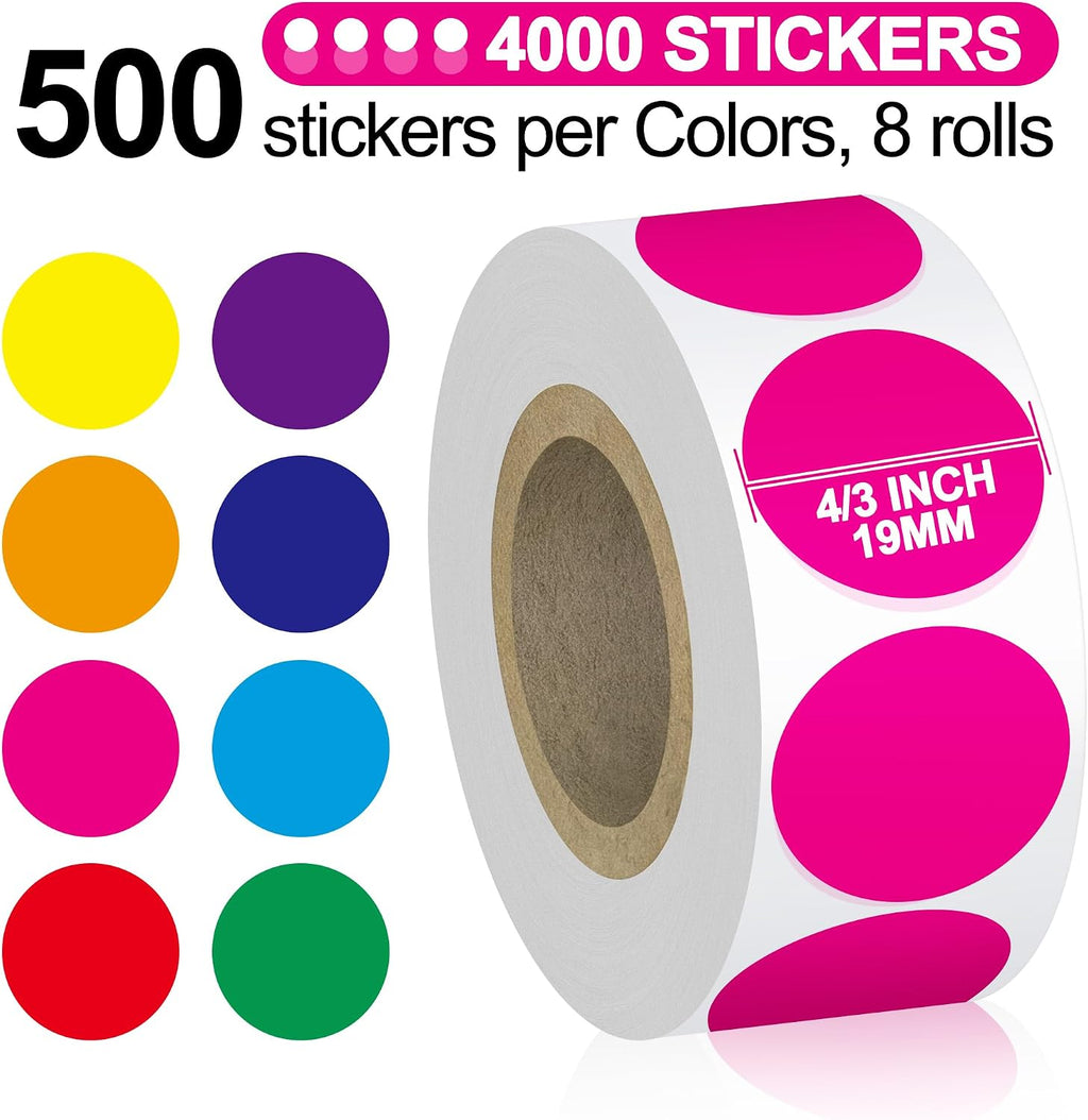 Colored Dot Stickers,4000 PCS(8 Rolls, 3/4")