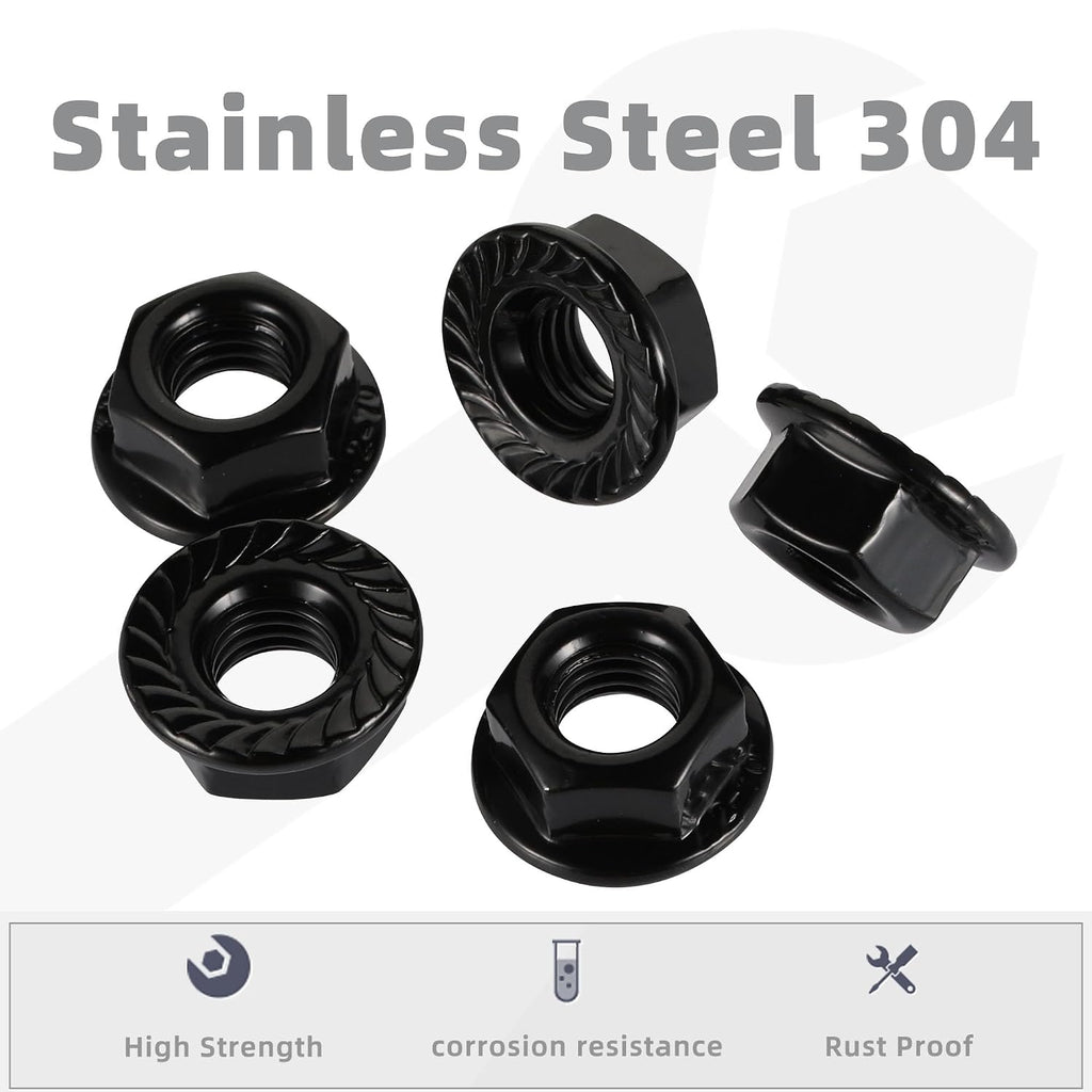 #10-32 Serrated Flange Hex Lock Nuts Flanged Locknuts, 304 Stainless Steel 18-8 Black Finish, 50 PCS