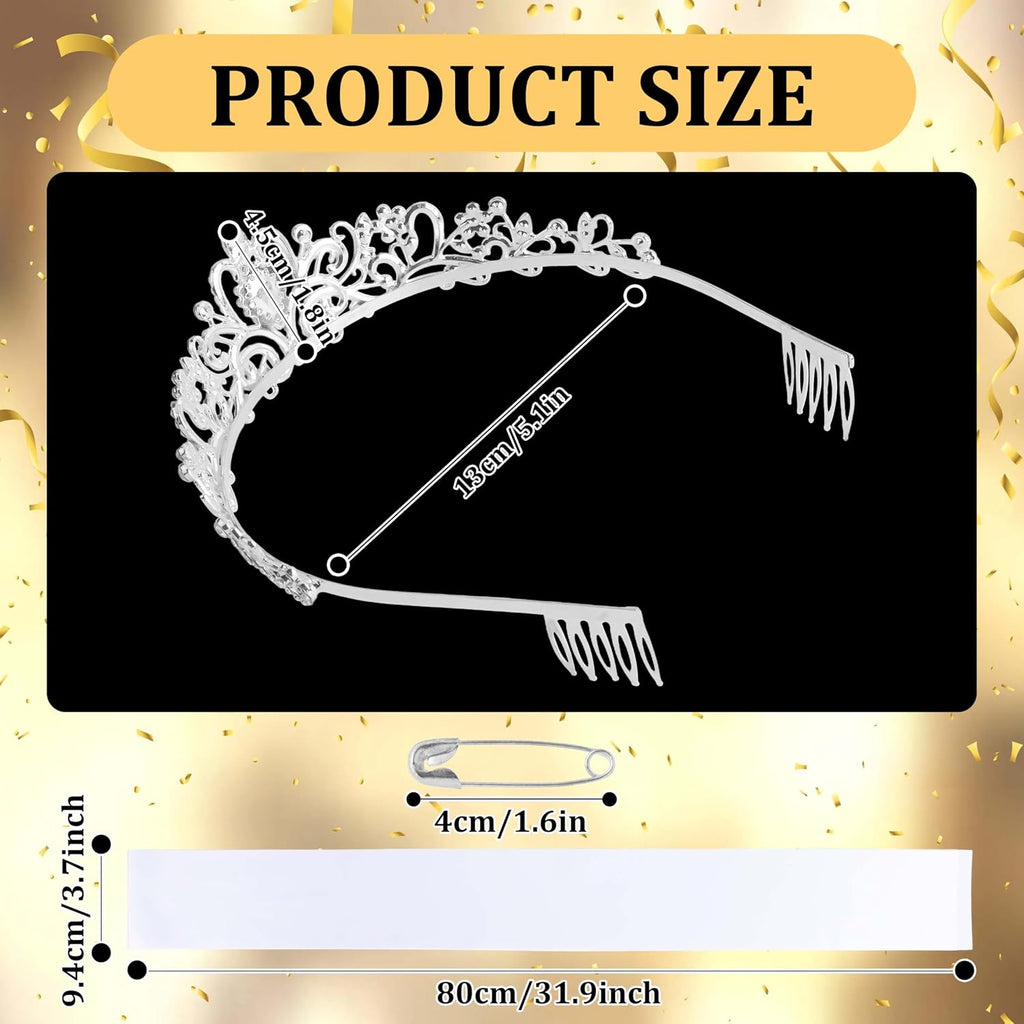 Custom White Sash and Crown, Silver Tiara Crown with Blank Satin Sash for Women Girls Sparkly Rhinestone Tiara Make