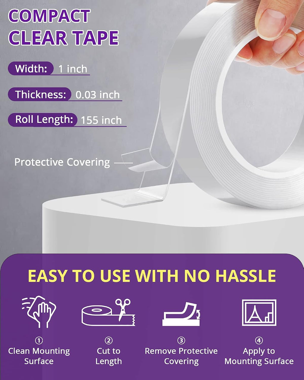 Clear Double Sided Tape Heavy Duty, Strong Adhesive, 155in x 1in
