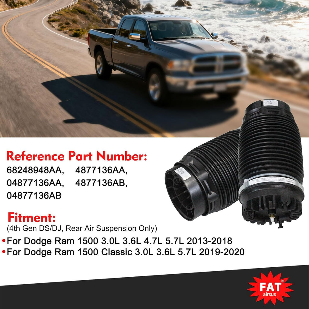 2Pcs Rear Air Suspension Spring Bags for Ram 1500 2013-2018 for Ram 1500 Classic 2019-2020 Bellows Replacement 68248948AA 4877136AA with Reinforced Crimping Ring