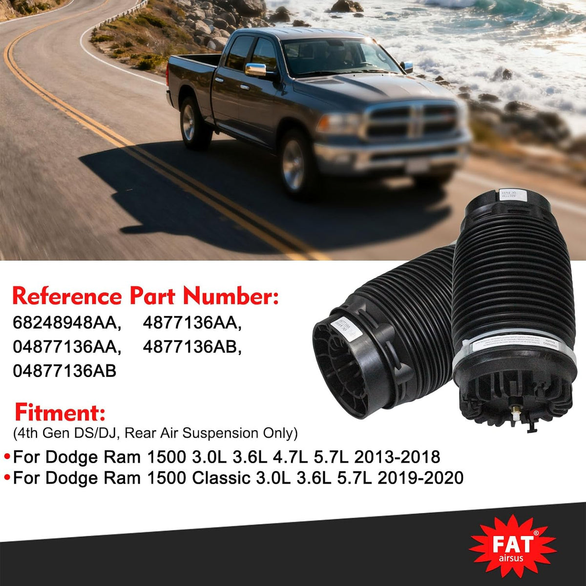 2Pcs Rear Air Suspension Spring Bags for Ram 1500 2013-2018 for Ram 1500 Classic 2019-2020 Bellows Replacement 68248948AA 4877136AA with Reinforced Crimping Ring
