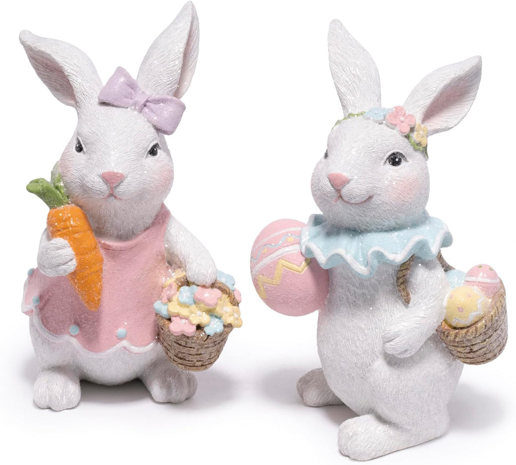 Easter Bunny Figurines Set, Spring Rabbit Decor with Easter Eggs Basket, Floral Wreath Bunny Statues, Tabletop Home