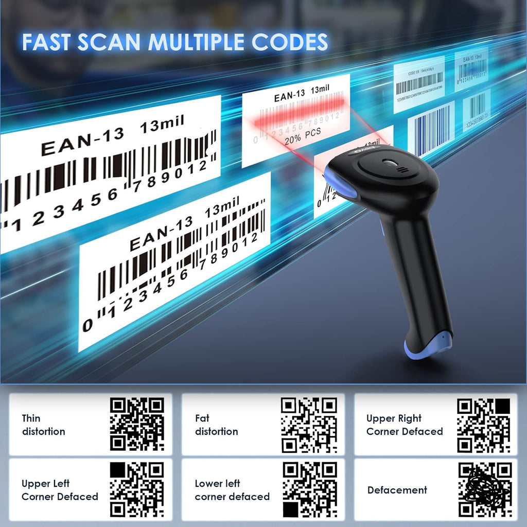 1D 2D Barcode Scanner Wireless Bluetooth Handheld Cordless | QR Bar Code Reader, 2500mAh, USB Wired