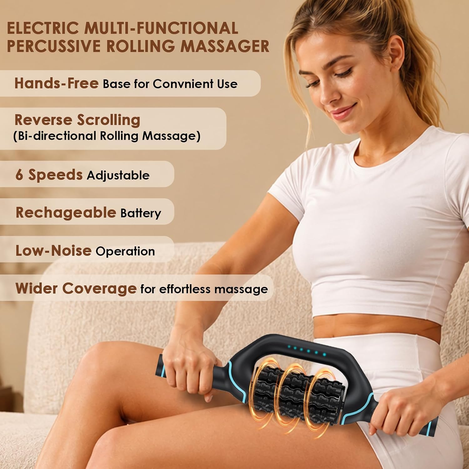 Electric Rolling Percussive Massager, Deep Tissue Muscle Roller & 6 Speeds | Rechargeable Electric Massager with