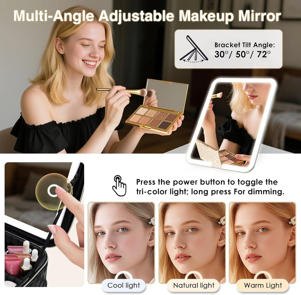 Makeup Bag with LED Lighted Mirror 12.2 IN Travel Makeup Bag Adjustable Brightness in 3 Colors Cosmetic Organizer
