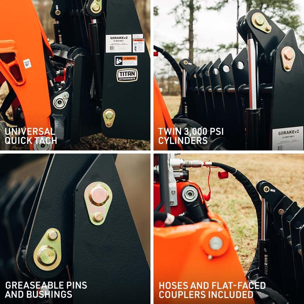 84" Root Grapple Rake, Universal Skid Steer Mount, Wide Clamshell, Twin 3,000 PSI Cylinders, 2,900 LB Rated