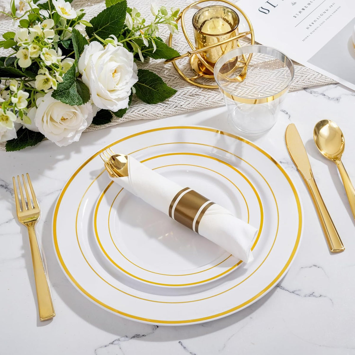 Disposable Plates & Gold Silverware Set, 350 Pieces for 50 Guests