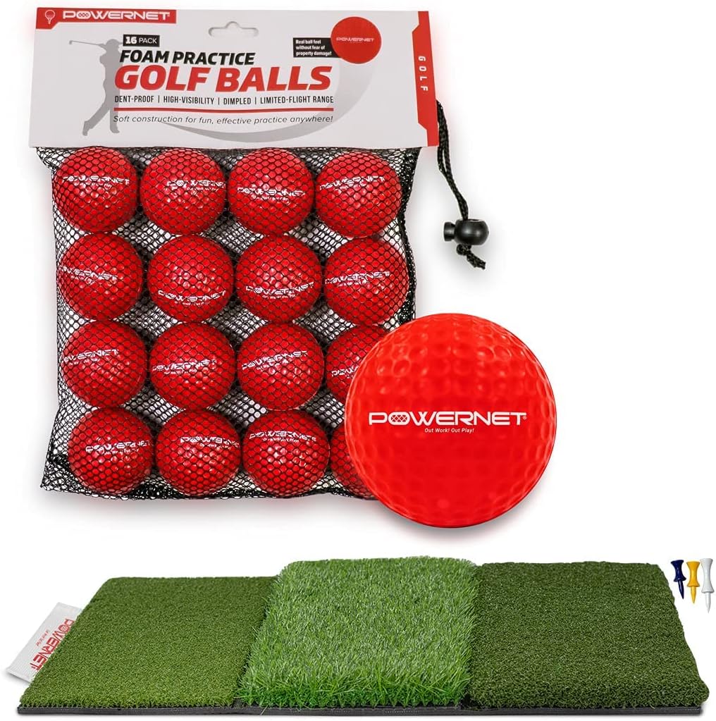 Foam Golf Balls & Tri-Turf Mat Bundle, Portable 25" x 16" Hitting Space, Golfing Accessories Training Aid to Improve