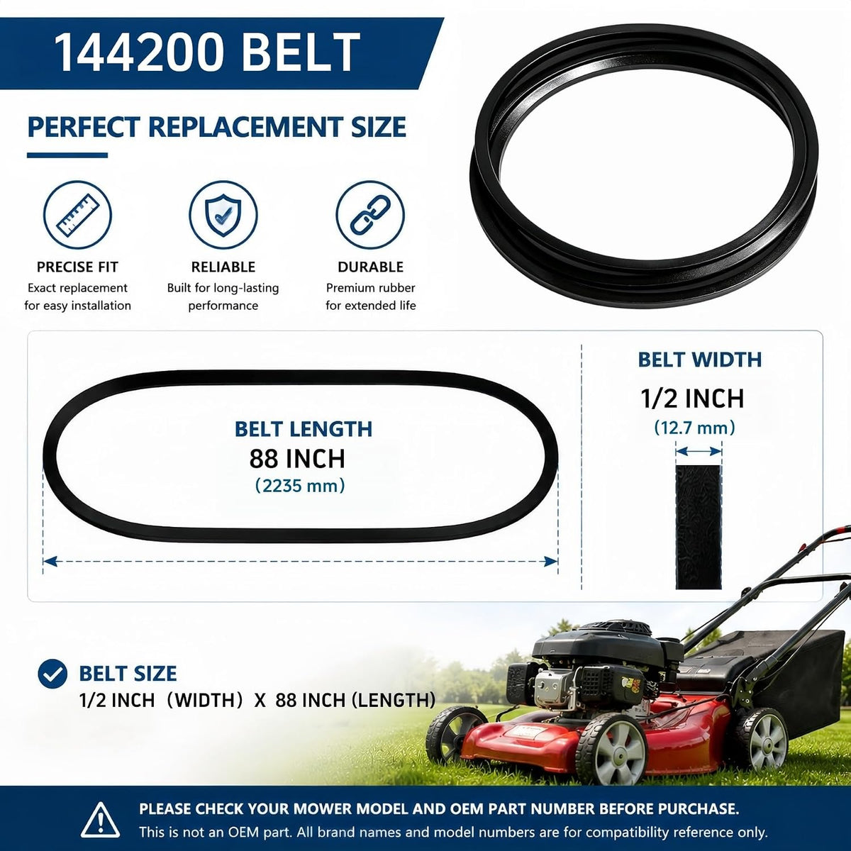 144200 Mower Deck Drive Belt, 1/2" x 88", Compatible with Craftsman | Heavy-duty replacement mower deck belt designed