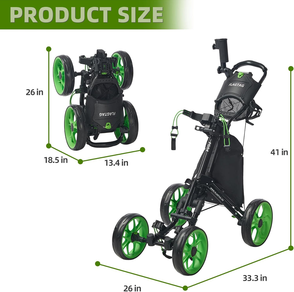 Golf Push Cart 4-Wheels,Folding Golf Cart, Golf Pull cart with Cup Holder,Umbrella Holder,Cooler Bag, Foldable with