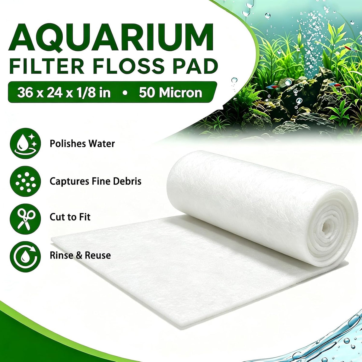 Aquarium Filter Floss Pad 24" x 36", 50 Micron Fine Polishing Pad