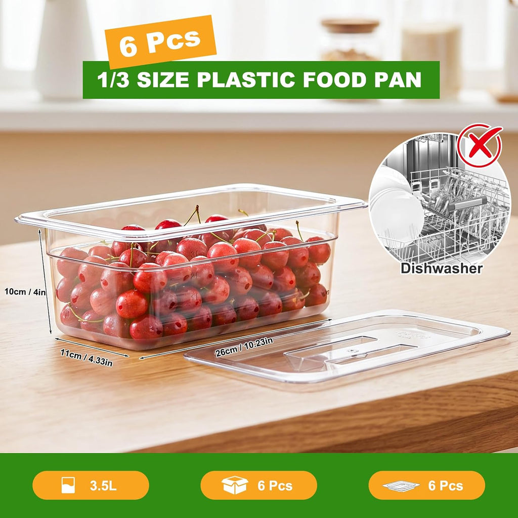 6-Pack 1/3 Size 4''Deep NSF Polycarbonate Food Pans with Lids