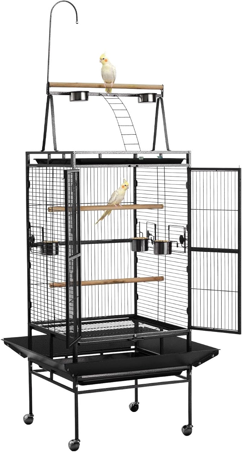 Bird Cage, 32.7 x 31.1 x 82.7 inch, Open Flat Top, Wrought Iron Bird Flight Cage with Perches, Slide-Out Tray