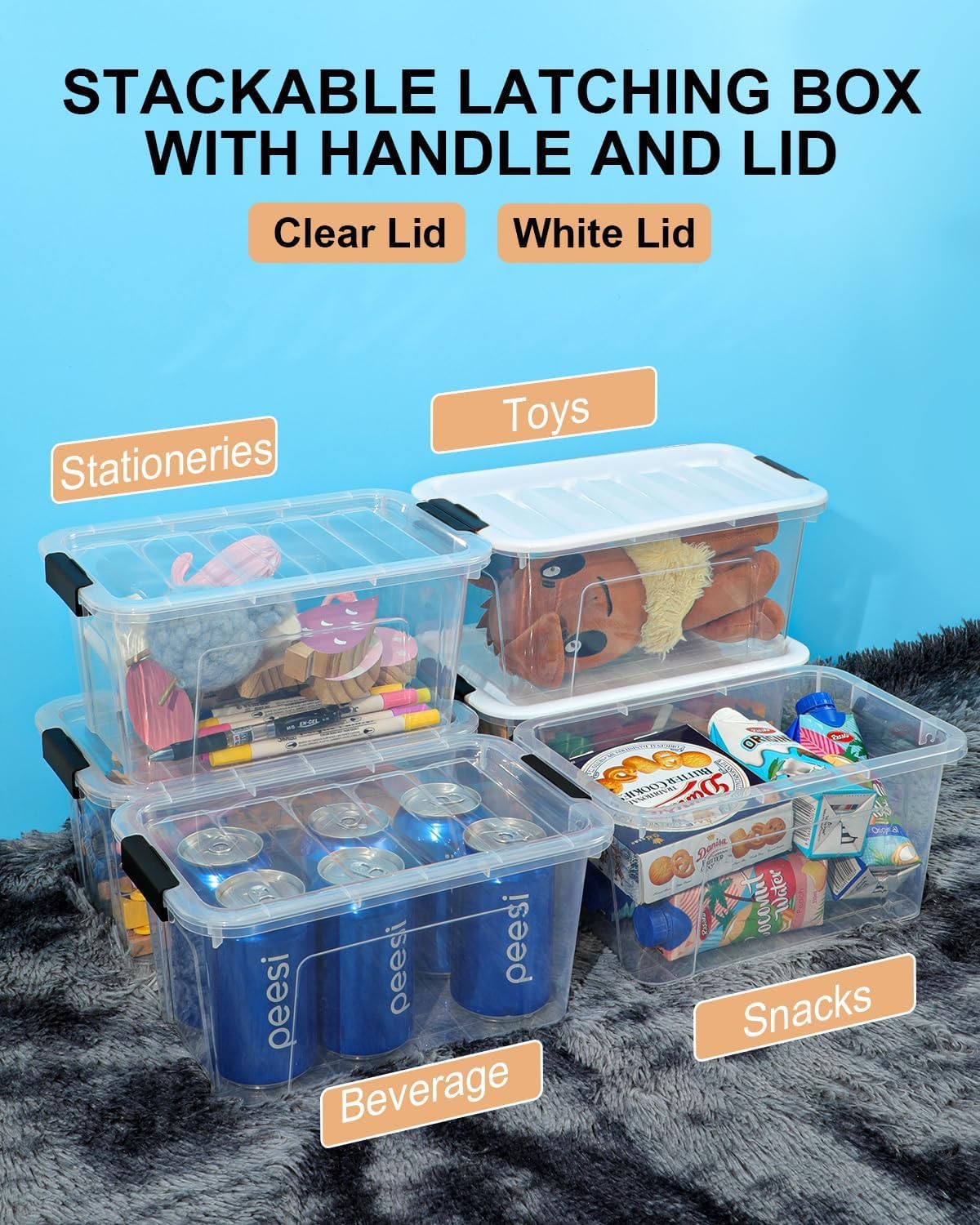 Plastic Storage Bins with Lids 6 Pack, 7 Quart Storage Containers With Black Buckle Latch, Stackable Storage