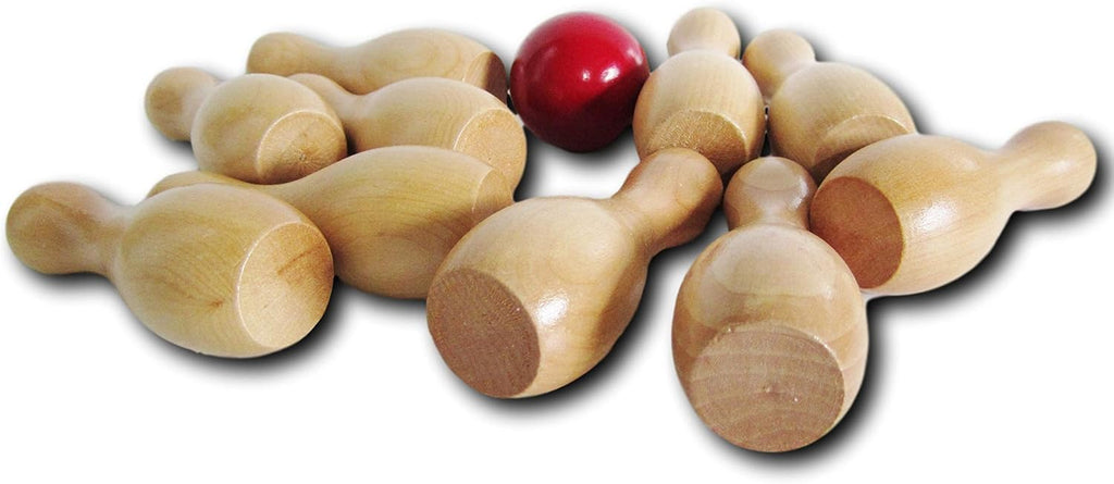 Wooden Shuffleboard Bowling Pin Set with Red Ball – 10-Piece Mini Bowling Pins, Solid Wood Tabletop Game Accessory