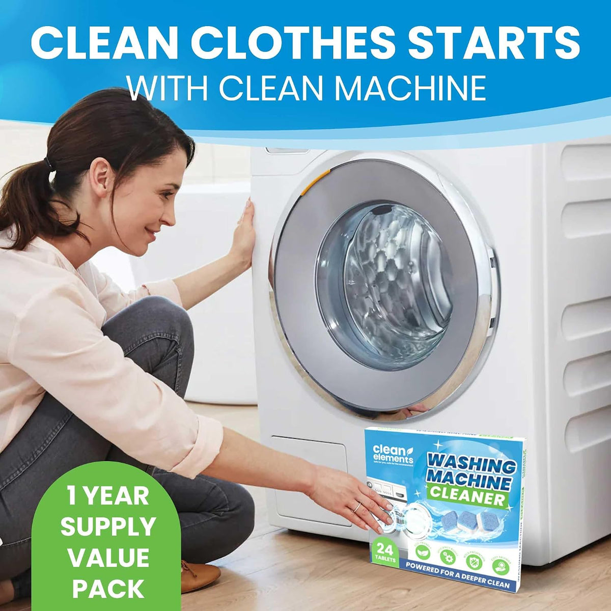 Washing Machine Cleaner & Descaler Tablets, HE Washer Deep Cleaning, 24 Ct