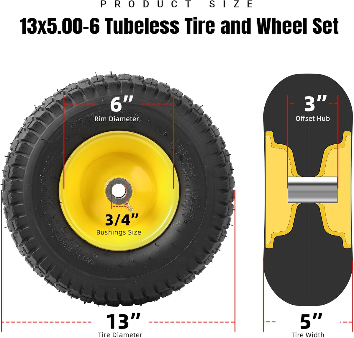 (2-Pack) 13x5.00-6 Front Tire and Wheel Assembly, 4-Ply Tubeless Turf Tire with Rim for Riding Mower Lawn Tractor