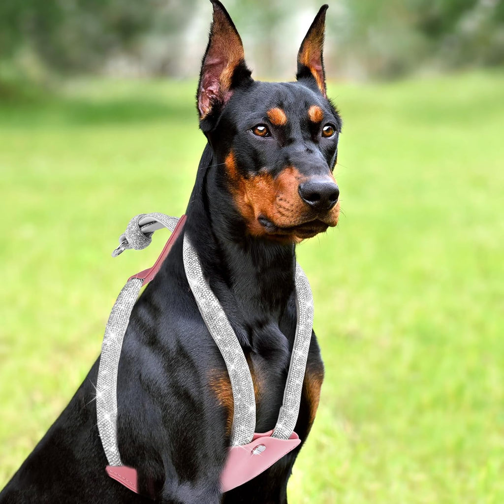 Rhinestone Dog Harness, Pink Leather No Pull Vest with Bling White Crystals, Adjustable Soft Walking Harness for