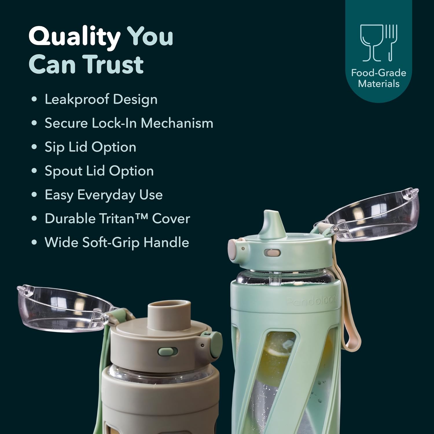 Orbit 32 oz Glass Water Bottle with 2 Leak-Proof Lids (Straw & Spout), Wide Mouth, Borosilicate Glass, BPA-Free, Cup