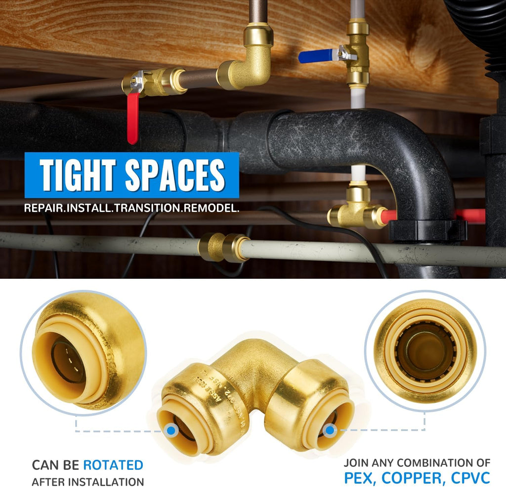 SUNGATOR 1/2 Inch 90 Degree Elbow, Push to Connect Pipe Fittings, 2-Pack