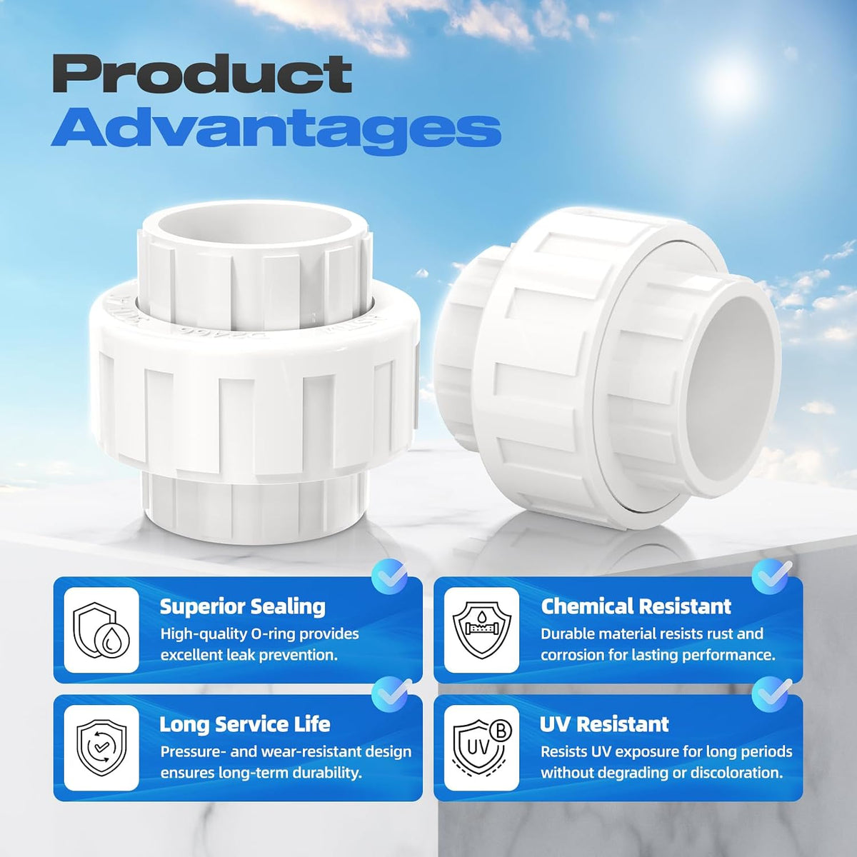 4 PCS 3/4" PVC Union Coupling Pipe Fitting, Slip Joint Adapter PVC Connectors (Socket x Socket), Built-in EPDM O-Ring, Schedule 40, Ideal for Pool Pump, Irrigation Systems, Plumbing, DIY Projects