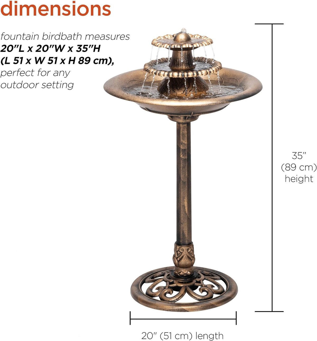 TEC106-BZ 35” Tall 3-Tier Pedestal Water Fountain with Birdbath in Vintage – Outdoor Garden Fountain for Yard, Patio