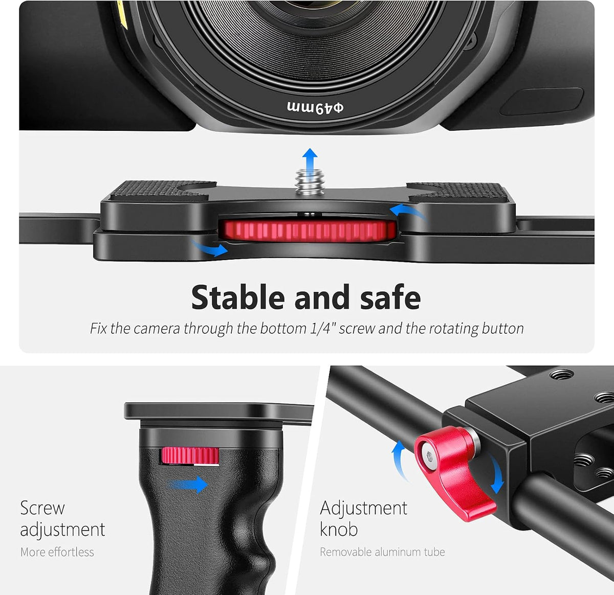 Camera Video Cage Film Movie Making Kit, Aluminum Alloy with Top Handle, Dual Hand Grip, Two 15mm Rods, Compatible
