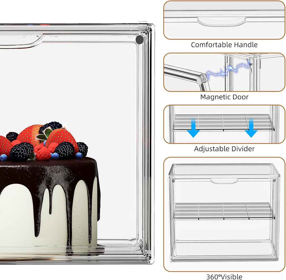 Pastry Display Case, 2 Tier Bread Box for Kitchen Countertop, Acrylic Bread Container with Magnetic Door, Large