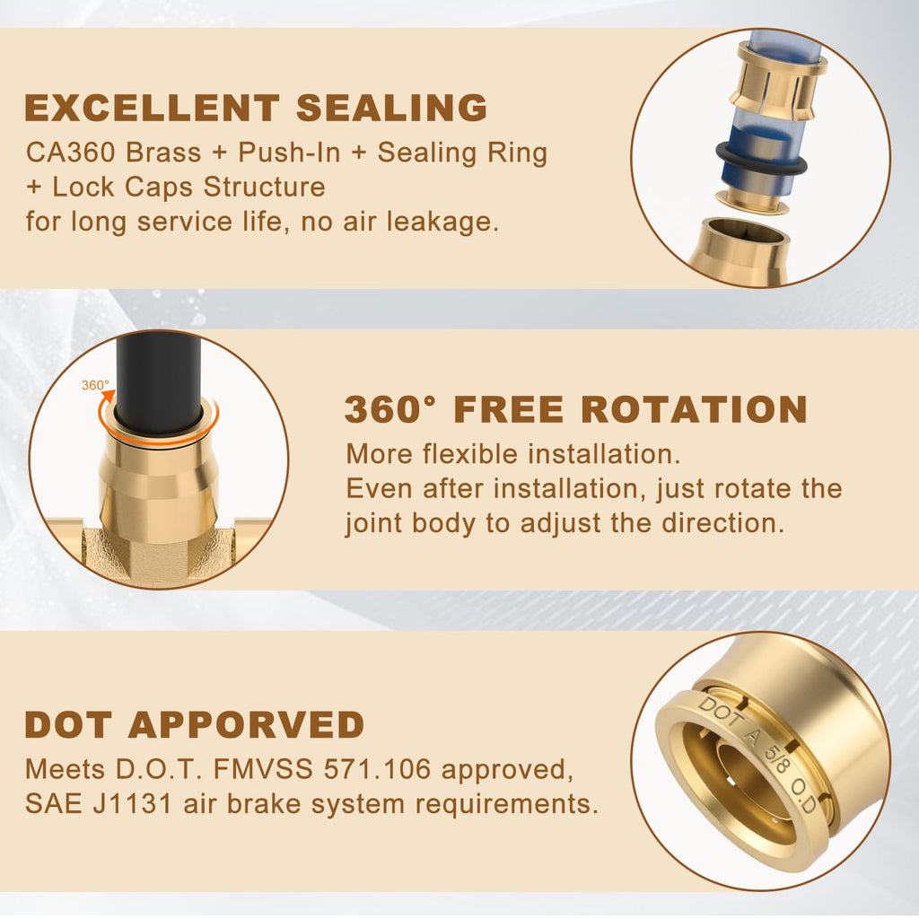 Boeray 5/8" Brass Union Tee, DOT Approved 3-Way Air Line Connector 2PCS