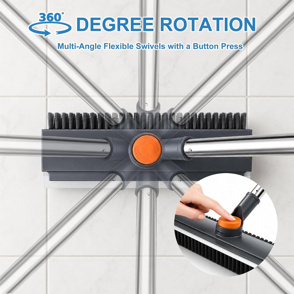 Floor Scrub Brush with Long Handle, 3 in 1 Floor Scrubber, Heavy Duty Stiff Bristle Squeegee Broom for Cleaning