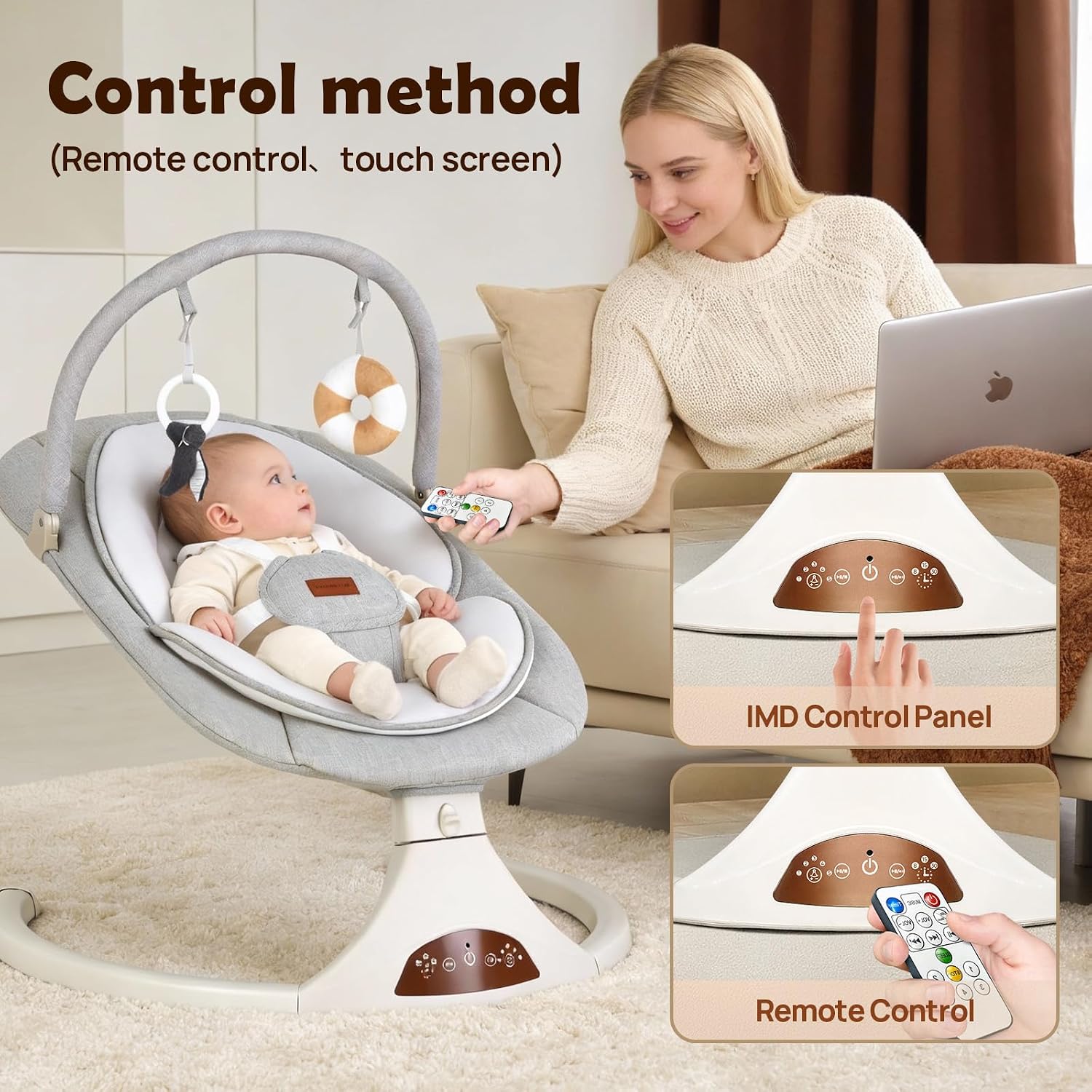 Baby Swings for Infants to Toddler Remote 5 Speeds Timer Safety Lock Gray | 5 point harness, remote/touch panel