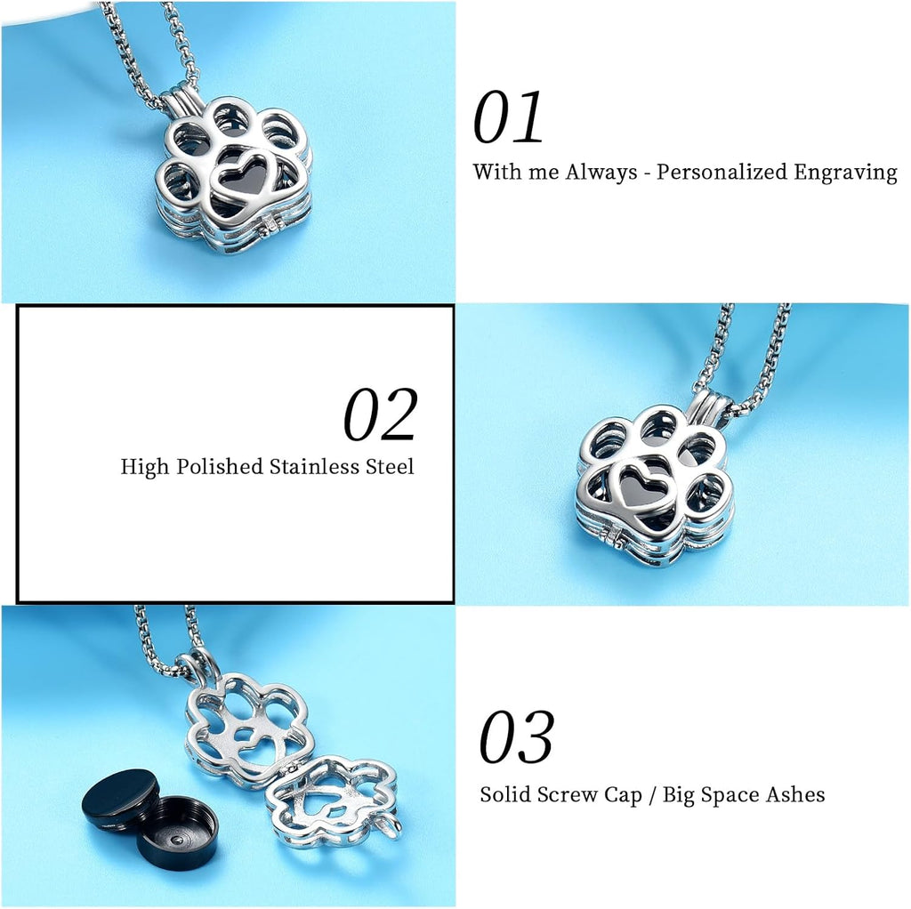 Pet Cremation Jewelry For Ashes For Dog/Cat Paw Stainless Steel Memorial Locket Urn Necklace Inside Mini Case
