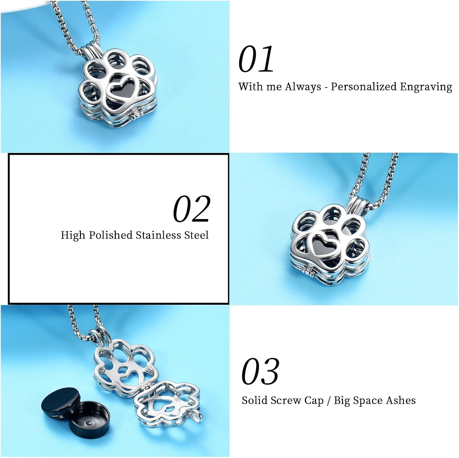 Pet Cremation Jewelry For Ashes For Dog/Cat Paw Stainless Steel Memorial Locket Urn Necklace Inside Mini Case