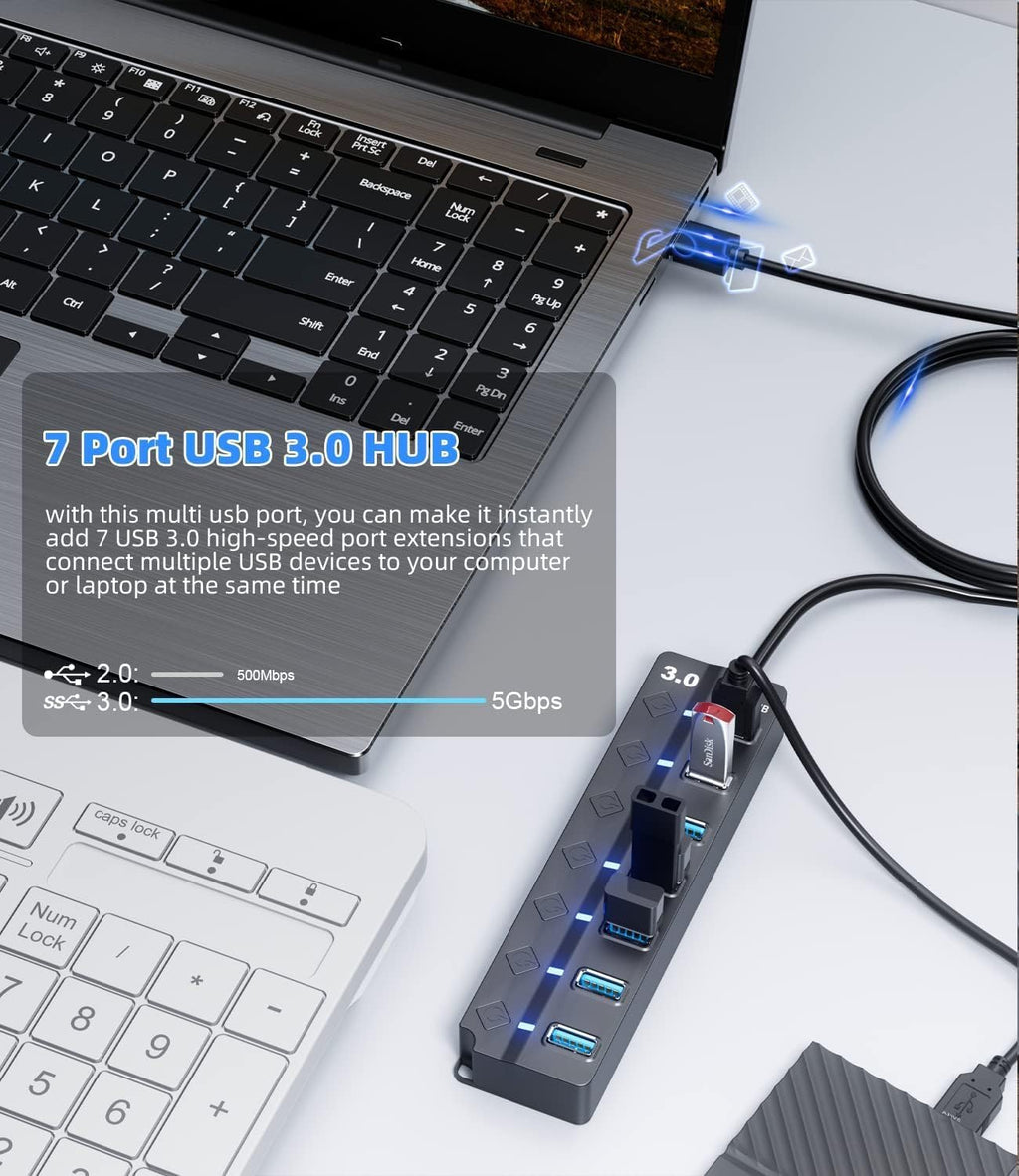 USB 3.0 Hub, 7-Port with Individual On/Off Switches & LED Indicators, 5Gbps High-Speed Data Hub for Laptop, PC