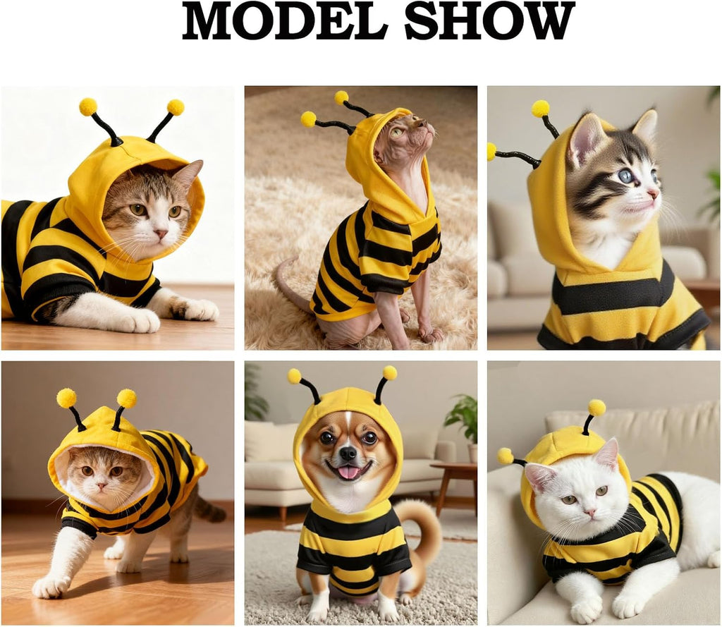 Bumblebee Cat Costume for Sphynx & Small Dogs, Fit Halloween, Yellow, XS | Cute Bee Stripes Hoodie, Soft Warm Fleece