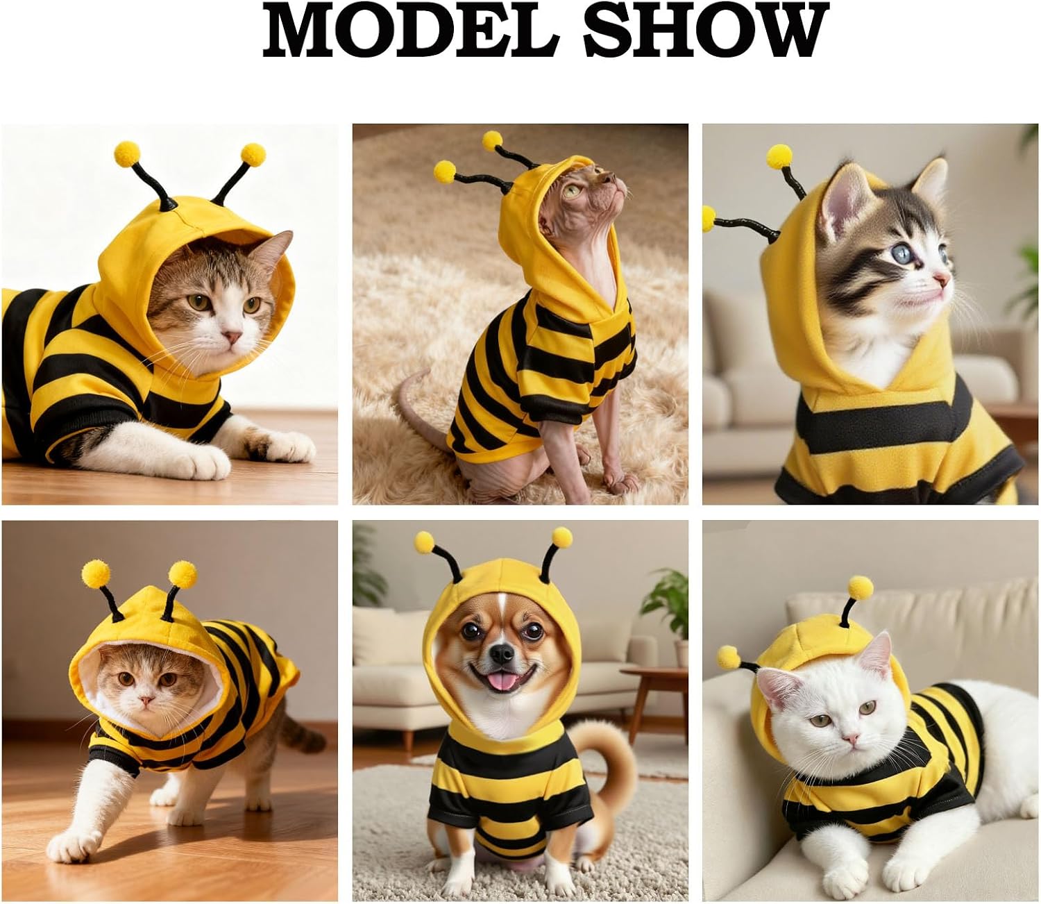 Bumblebee Cat Costume for Sphynx & Small Dogs, Fit Halloween, Yellow, XS | Cute Bee Stripes Hoodie, Soft Warm Fleece