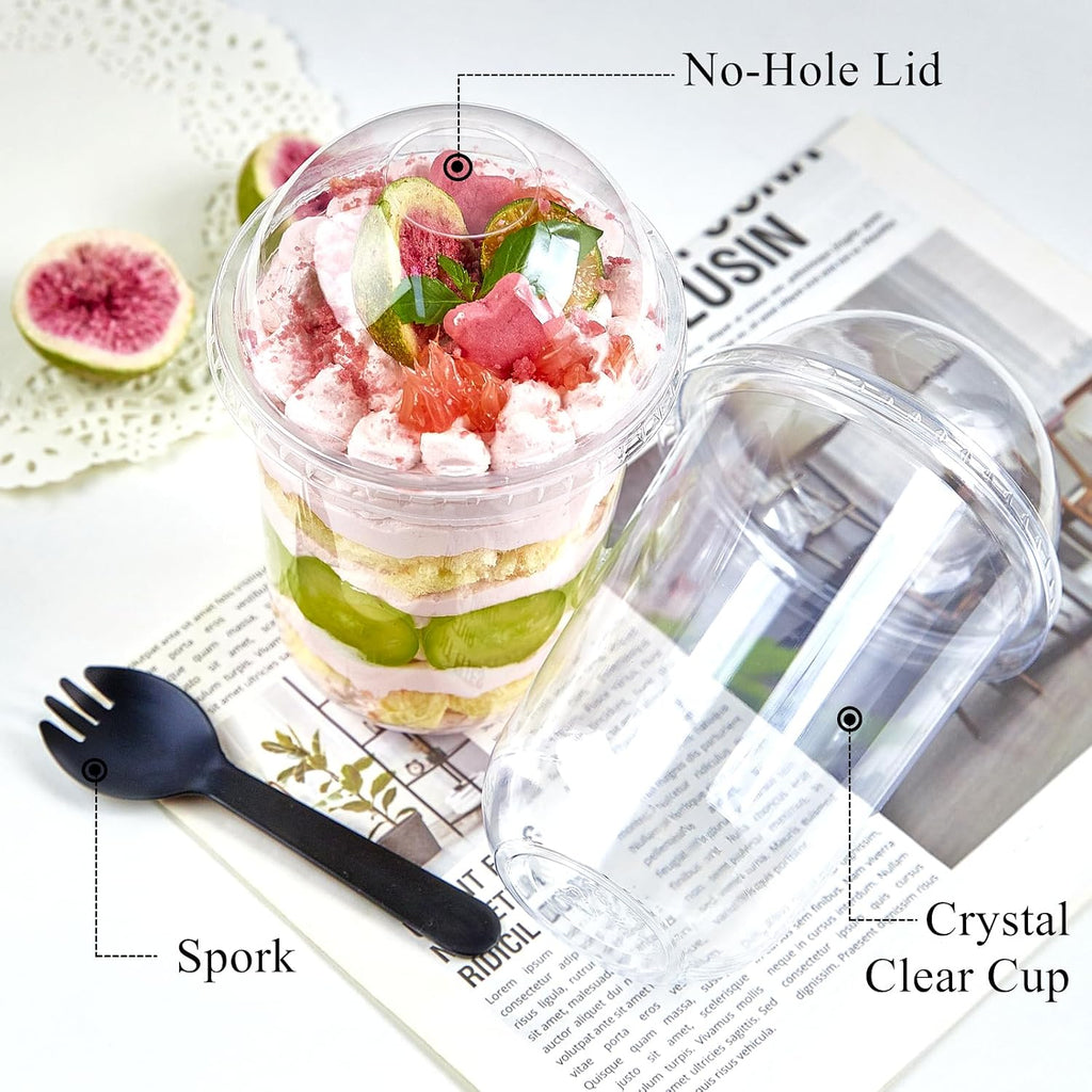 50 Pack 16 oz Plastic Dessert Cups with Dome Lids and Sporks