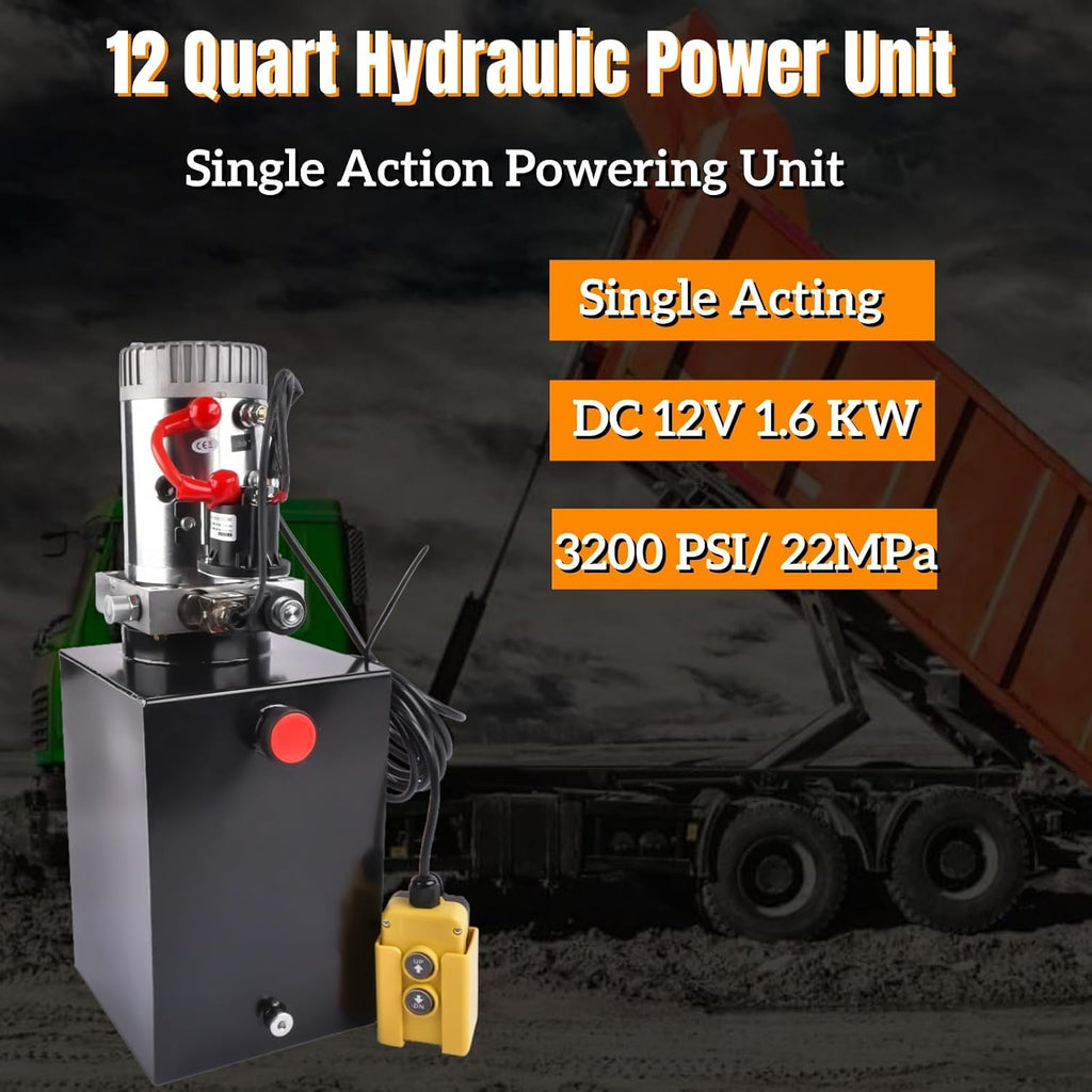 12 Quart Single Acting Hydraulic Power Unit 12V, 3200PSI