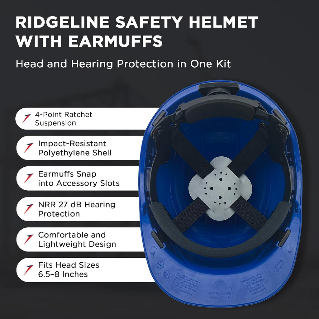 Ridgeline Cap Style Hard Hat Safety Helmet with Hard Hat Suspension and Earmuff Attachment Included for Head and