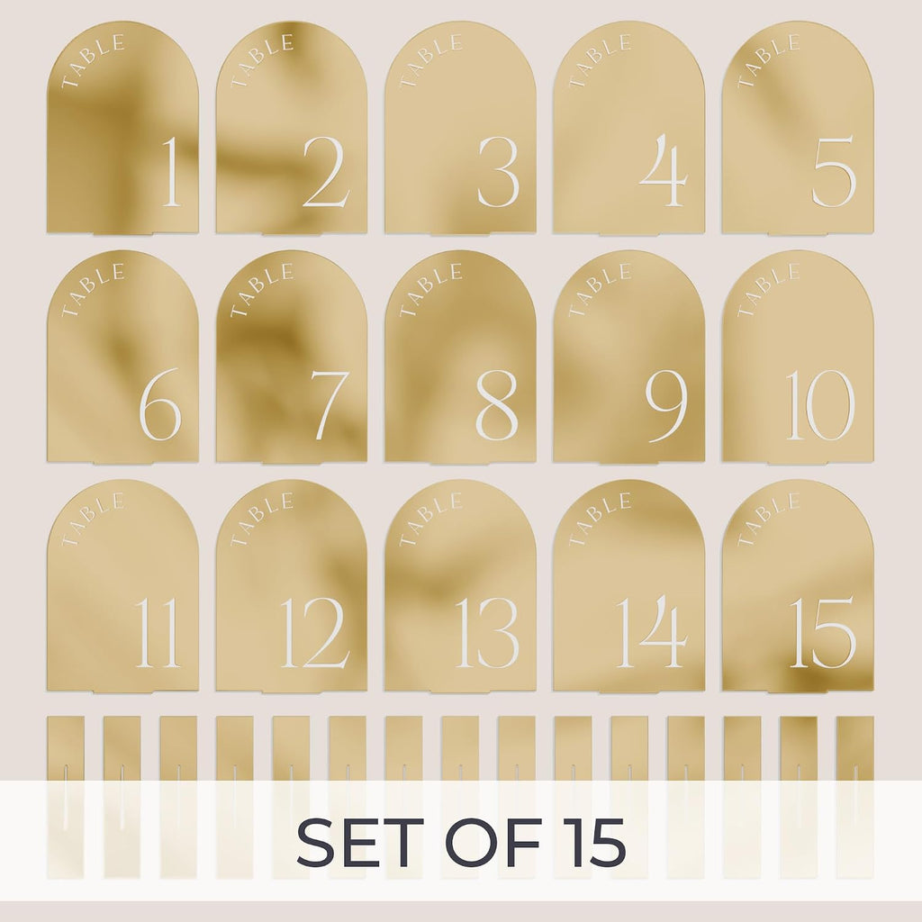 Beautiful Gold Wedding Table Numbers with Stands - Acrylic Signs 1-15