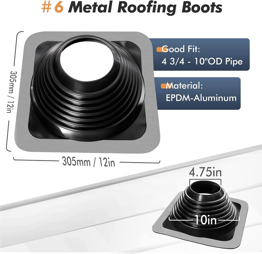 #6 Epdm Metal Roof Vent Boot, Flexible Roofing Boots Fits Pipe Od 4 3/4'' to 10'', Metal Roof Jacks Flashing for